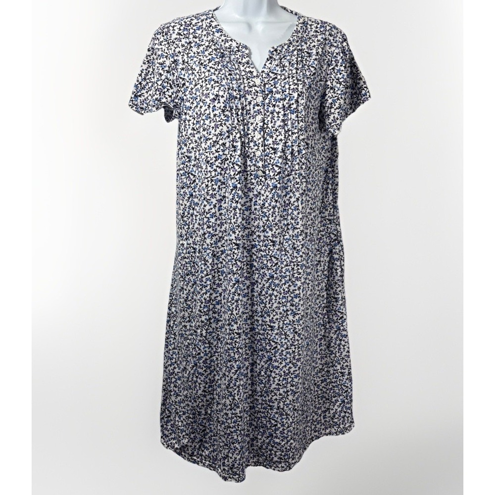 Aria Brushed Knit Nightgown M Blue Lavender Ditzy Floral Split Neck Pockets Gown